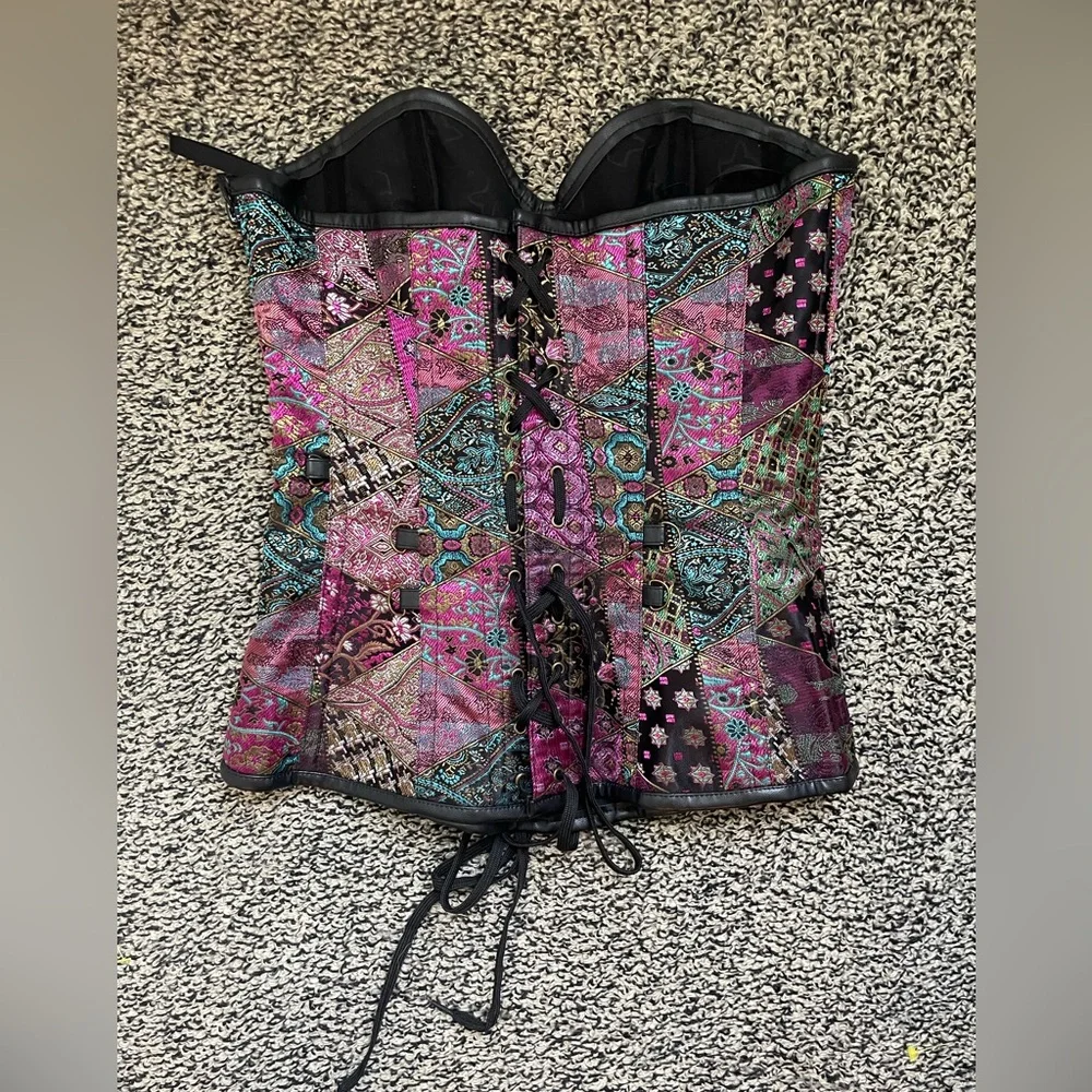 Charmian Glamorous Patchwork Corset Purple Black Women’s Large lace Up (J) - Picture 2 of 4